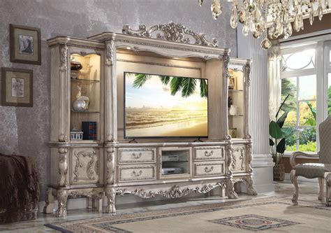 Traditional Antique White Entertainment Center Tv Console Wall Unit