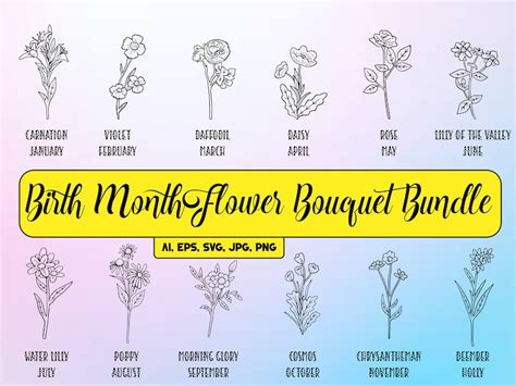 Birth Month Flower Bouquet Svg Bundle Birth Month Flower Png Flower