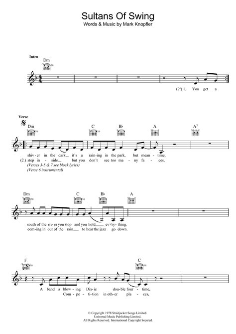 Sultans Of Swing Sheet Music Dire Straits Melody Line Lyrics And Chords