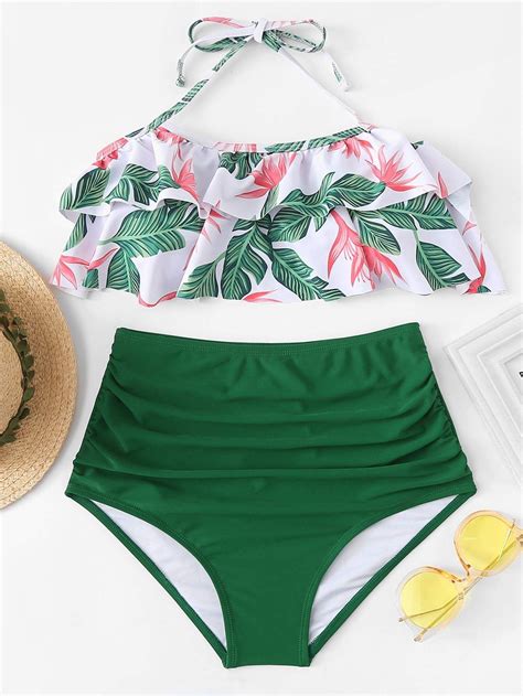 Jungle Print Halter Ruffle Top With High Waist Bikini Swimwear Beachwear Women Fashion