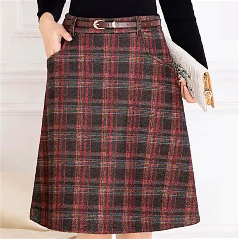 Skirts Womens Woolen Skirt Casual Slim A Line Plaid Knee Length Skirts