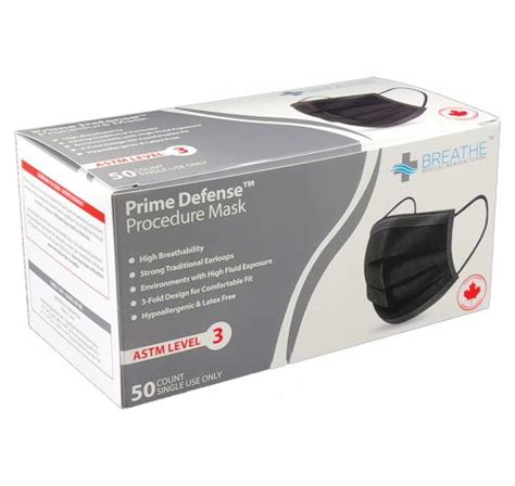 Breathe Prime Defense Black Astm Level 3 Procedure Earloop Face Masks