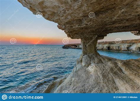Sea Caves At Sunset Mediterranean Sea Nature Composition Stock Photo