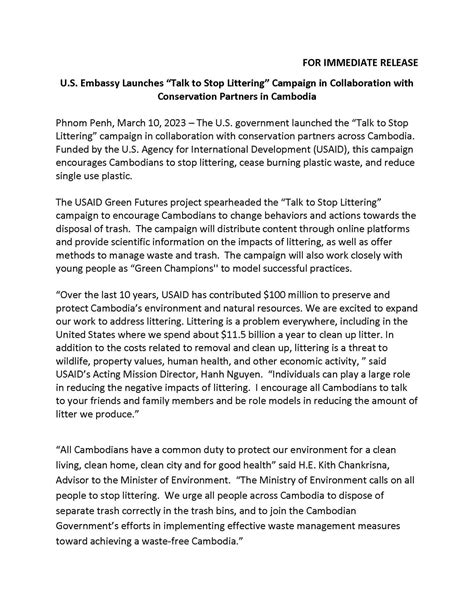 Immediate Release On Us Embassy Launches “talk2stoplittering” Campaign In Collaboration With