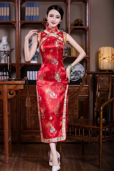 Red Traditional Chinese Clothing Womens Satin Polyester Long Cheongsam Qipao Dress Mujer