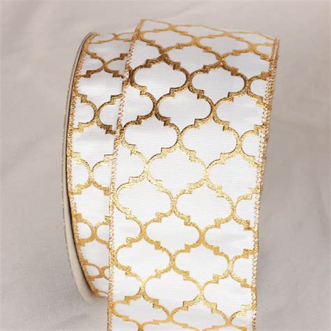 Find images of gold ribbon. 3" White Modern Gold Pattern Ribbon Wire Edge - Karaboo Ribbons