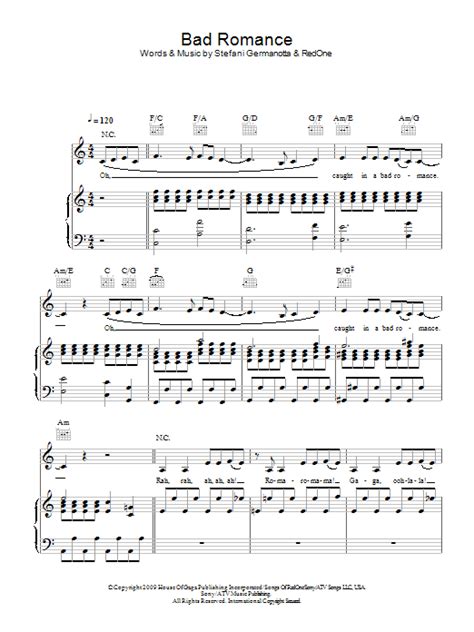 Bad Romance Sheet Music Lady Gaga Piano Vocal And Guitar Chords