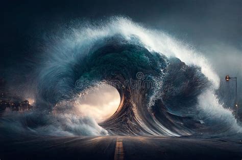 A Giant Storm A Tsunami Hits The City At Night Stock Illustration