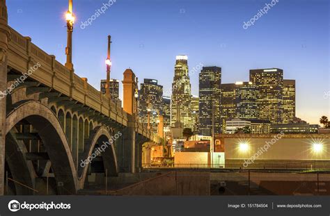 Skyscrapers In Downtown Los Angeles California At Night View Fr Stock