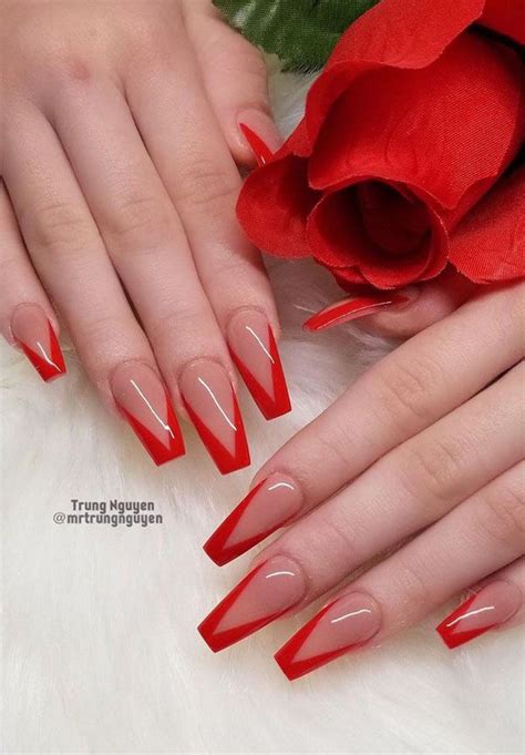 Red French Medium Length Coffin Luxury Press On Nails Short