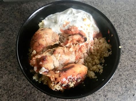 Seasoned Chicken With Bulgar Wheat Spicy Tomato Sauce And Tzatziki
