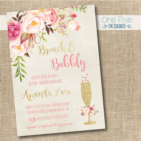 Brunch And Bubbly Bridal Shower Invitation With Flowers Etsy