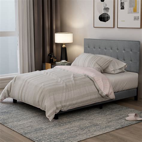 Gray Full Bed Frame With Headboard Modern Upholstered Platform Bed