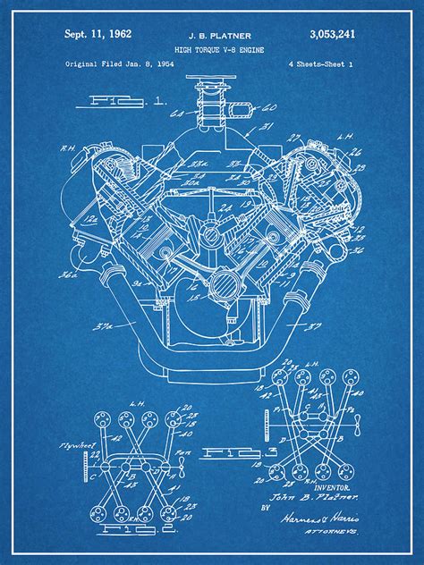 1954 Chrysler 426 Hemi V8 Engine Blueprint Patent Print Drawing By Greg