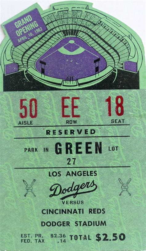 Dodgers Opening Day Ticket Stub 1962 Green Los Angeles Dodger Stadium