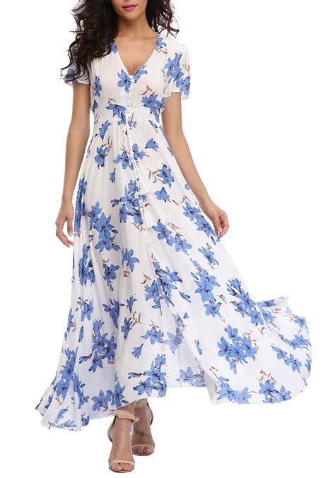 Vintageclothing Womens Floral Maxi Dresses Boho Button Up Split Beach Party Dress Womens