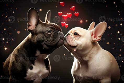 French Bulldogs Couple Kissing With Red Heart Icon Emotion Background