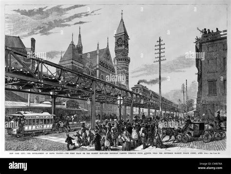 New York City The First Train On The Gilbert Elevated Railroad Passing