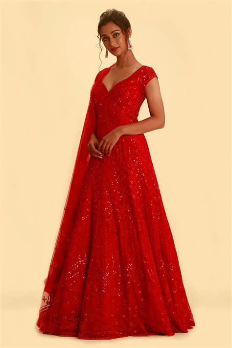 Buy Fiery Red Anarkali Gown Set With Self Embroidery And Matching Frill