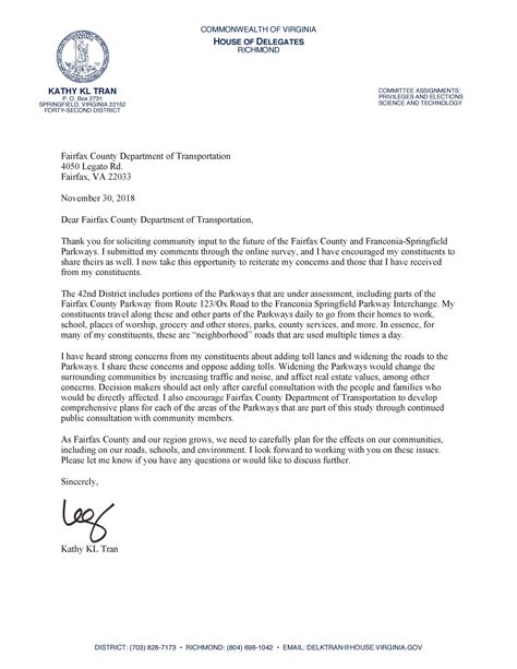 Delegate Trans Letter Regarding Fairfax County And Franconia