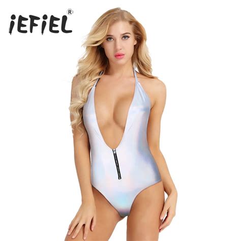 Iefiel Women One Piece Shiny Faux Leather Sleeveless High Cut Halter Neck And Backless Leotard