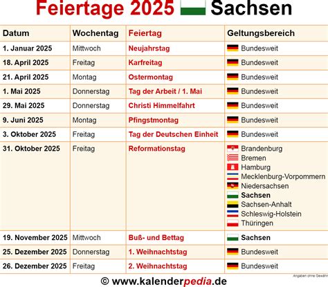 Feiertage Sachsen 2025 Kalenderpedia