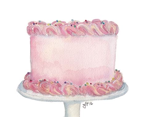 Pink Cake Still Life Watercolor Painting Classic Birthday Etsy