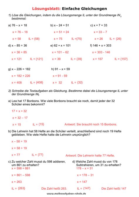 Arbeitsblatt Einfache Gleichungen Zum Lineare Sekundarstufe