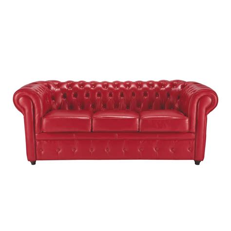 3 Seater Leather Button Sofa In Red Chesterfield Maisons Du Monde