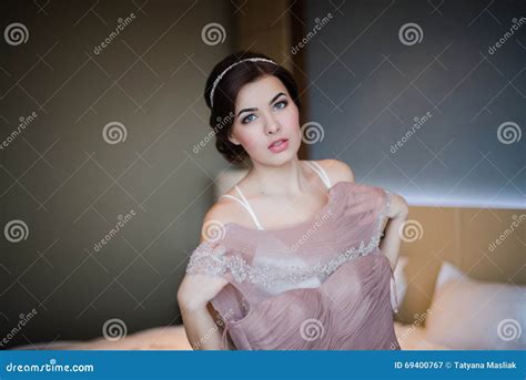 Beautiful Girl Tries On A Pink Wedding Dress Stock Image Image Of