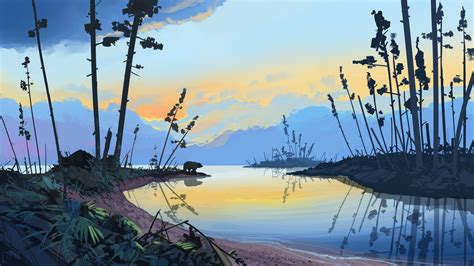 Illustration Artwork Sunset Forest Landscape Water Drawing Bears