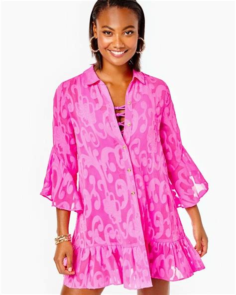 Cover Ups Lilly Pulitzer Womens Linley Coverup Plumeria Pink Poly