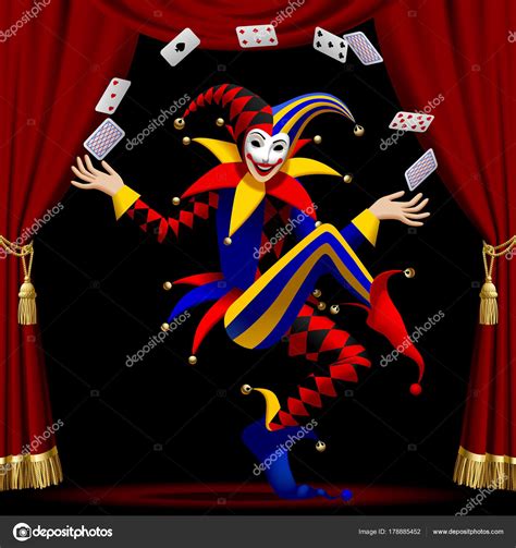 New users enjoy 60% off. Joker with playing cards farmed by red curtain — Stock ...
