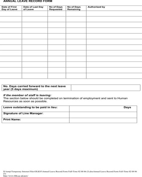Fillable annual leave application form. Annual Leave Staff Template Record : Absence & Attendance ...