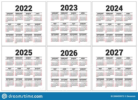 Calendar 2022 2023 2024 2025 2026 And 2027 English Vector Set