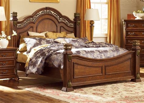 Impressive in scale and rich in details such as scrolled metal accents, antique brass bail hardware, and acanthus leaf carvings. Messina Estates King Poster Bed | Bedroom sets queen ...