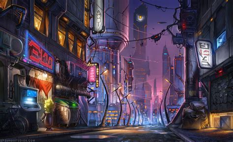 a stylized take on a narrow cyberpunk street art by benjamin roach r cyberpunk