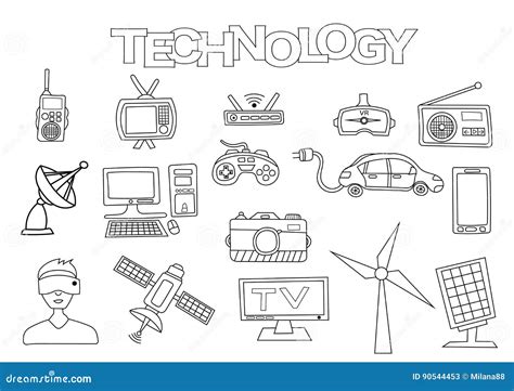 Technology Elements Hand Drawn Set Coloring Book Template Stock Vector