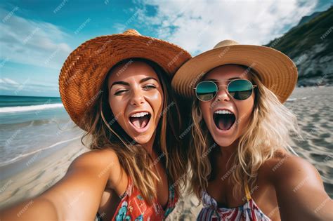 Premium Ai Image Two Funny Girls Taking A Selfie On The Beach In Summer