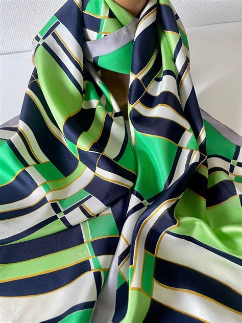 Vintage 60s French Silk Scarf Green Navy Geometrics Etsy