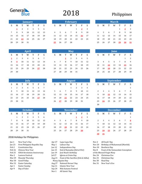 2018 Philippines Calendar With Holidays