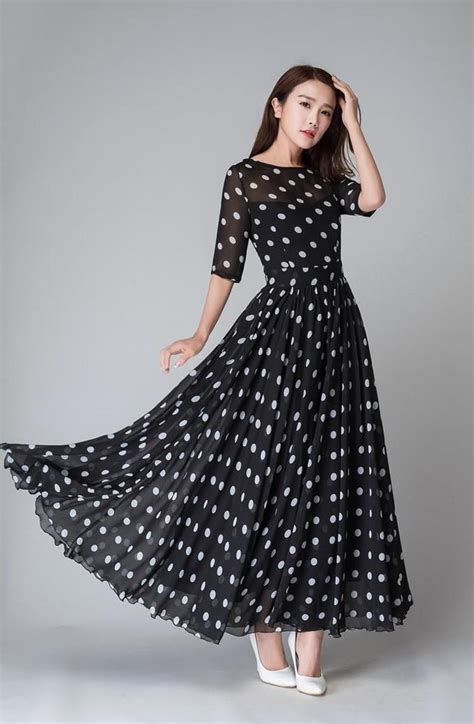 Polka Dot Maxi Chiffon Dress Women Fit And Flare Dress Swing Etsy