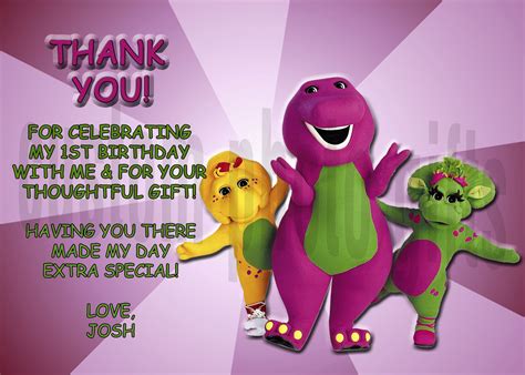 Personalized Barney Birthday Thank You Card Digital File You Print