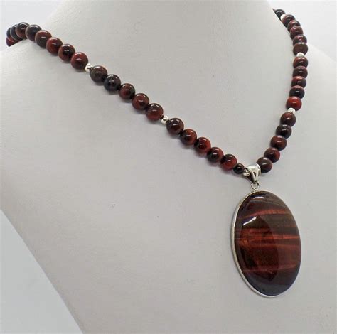Red Tiger Eye Oval Pendant Necklace Natural Stone Etsy Red Tigers