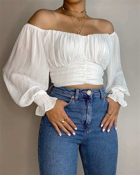 Angela Crop Top Long Sleeve Cropped Top Outfits White Crop Top