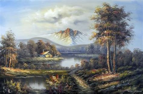 Mountain Cabin Home River Lake Fishing Hunting Painting