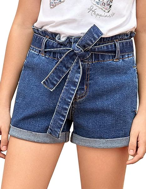 Lookbookstore Girls Denim Shorts Cuffed Hem High Waisted Belted Jean