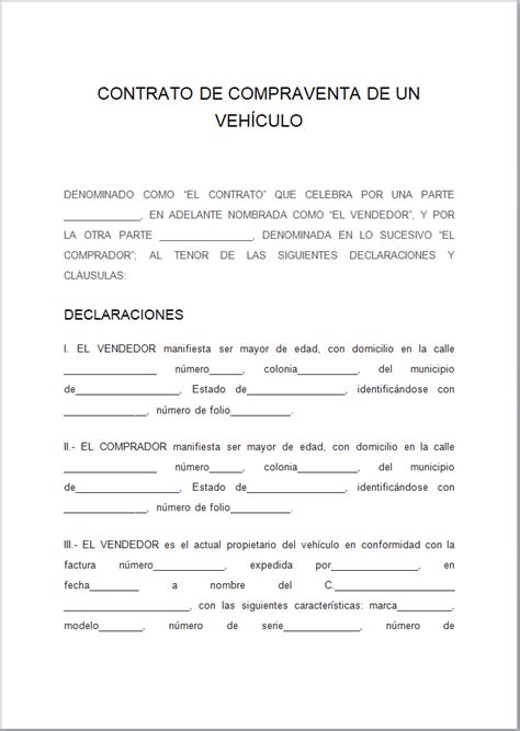 Contrato De Compraventa De Vehículo 【 Ejemplos Y Formatos 】word Pdf