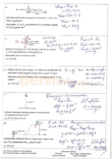 9.Sınıf fizik dersi 2.dönem 1.yazılı sınav soruları ve cevapları soru