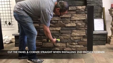 How To Install Fake Stone Wall Panels Between Corners Diy Youtube
